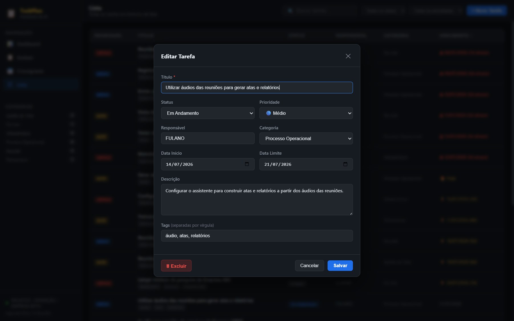 Modal de edição de tarefa com status, prioridade, responsável, categoria, datas e tags